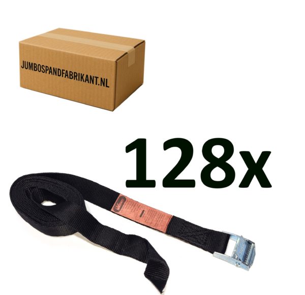Voordeeldoos 128x JUMBO Spanband ZWART extra Grip klemgesp 250cm, 25mm, 250KG.