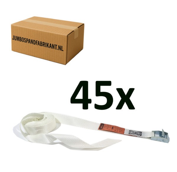 Voordeeldoos 45x JUMBO Spanband WIT extra Grip klemgesp 10m, 25mm, 250KG.