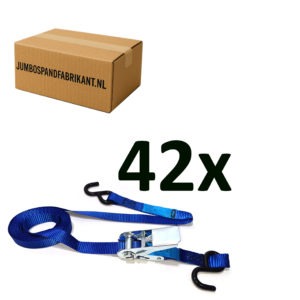 Voordeeldoos 42x JUMBO spanband blauw 500 cm 25 mm met ratel en S haken, 600 KG