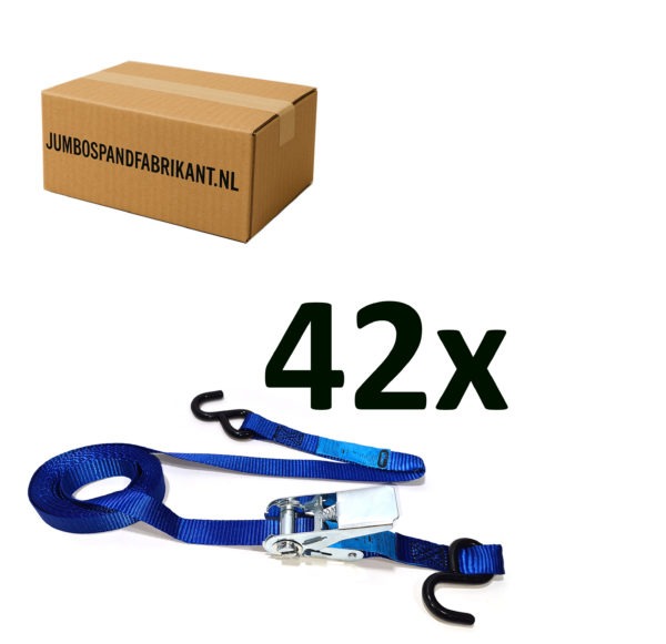 Voordeeldoos 42x JUMBO spanband blauw 500 cm 25 mm met ratel en S haken, 600 KG