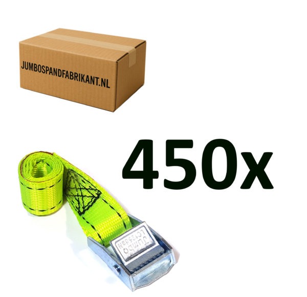 Voordeeldoos 450x JUMBO Spanband GEEL extra Grip klemgesp 50cm, 25mm, 250KG.
