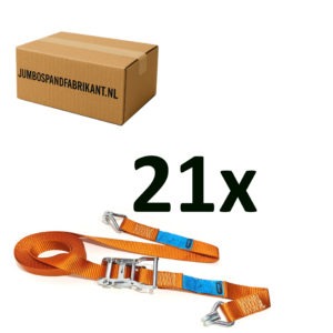 Voordeeldoos 21x JUMBO spanband oranje 600 cm 38 mm met ratel en J haken, 2000 KG