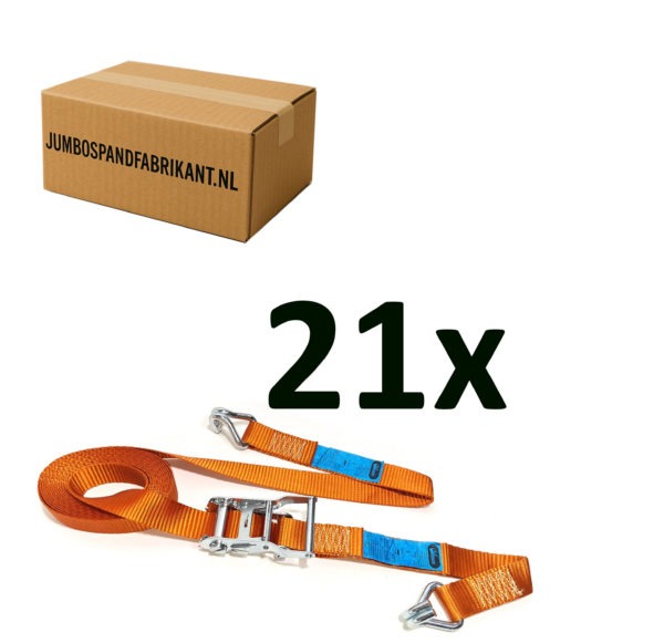 Voordeeldoos 21x JUMBO spanband oranje 600 cm 38 mm met ratel en J haken, 2000 KG